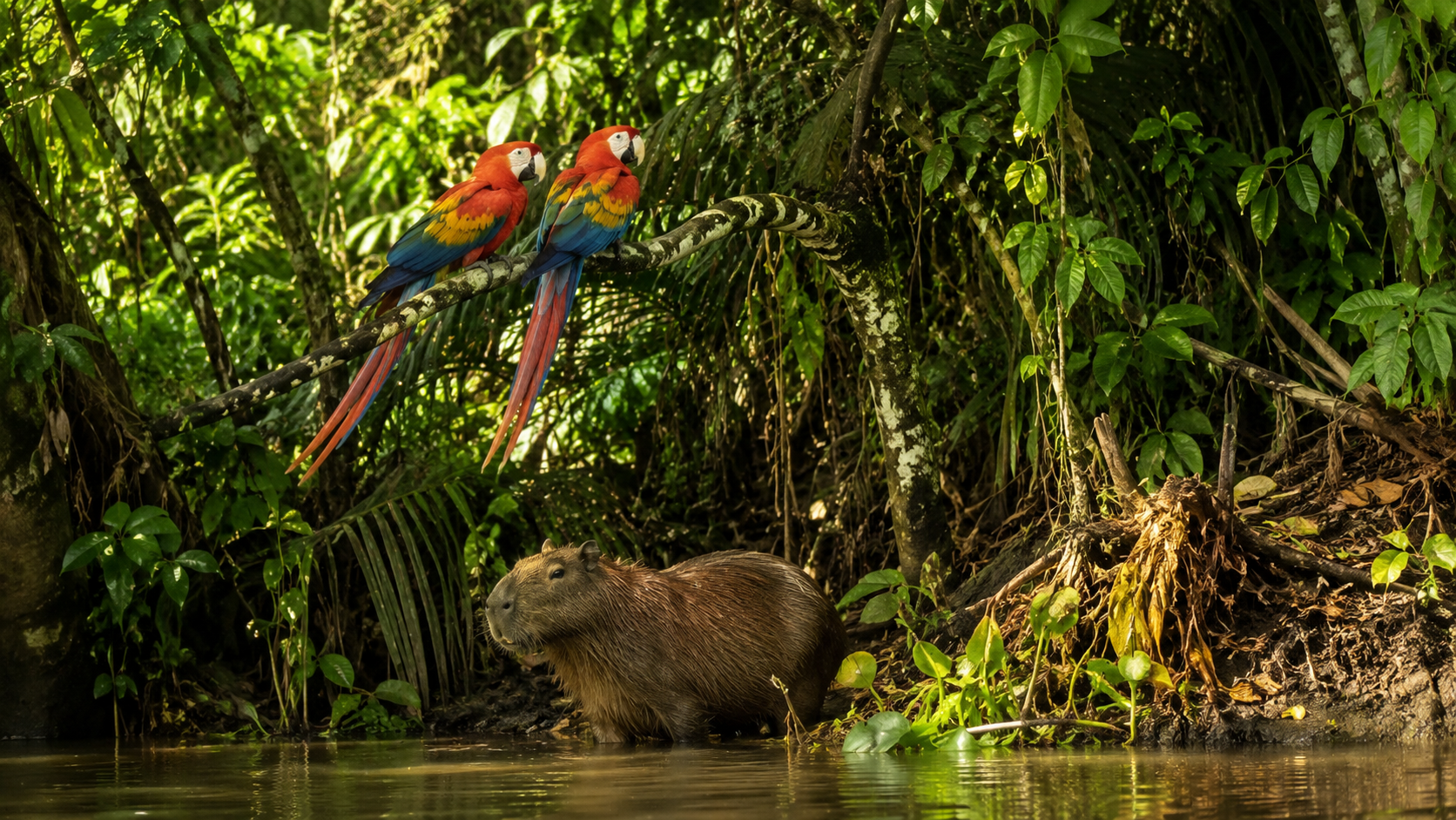 Guacamayos entre vegetación de la selva amazónica