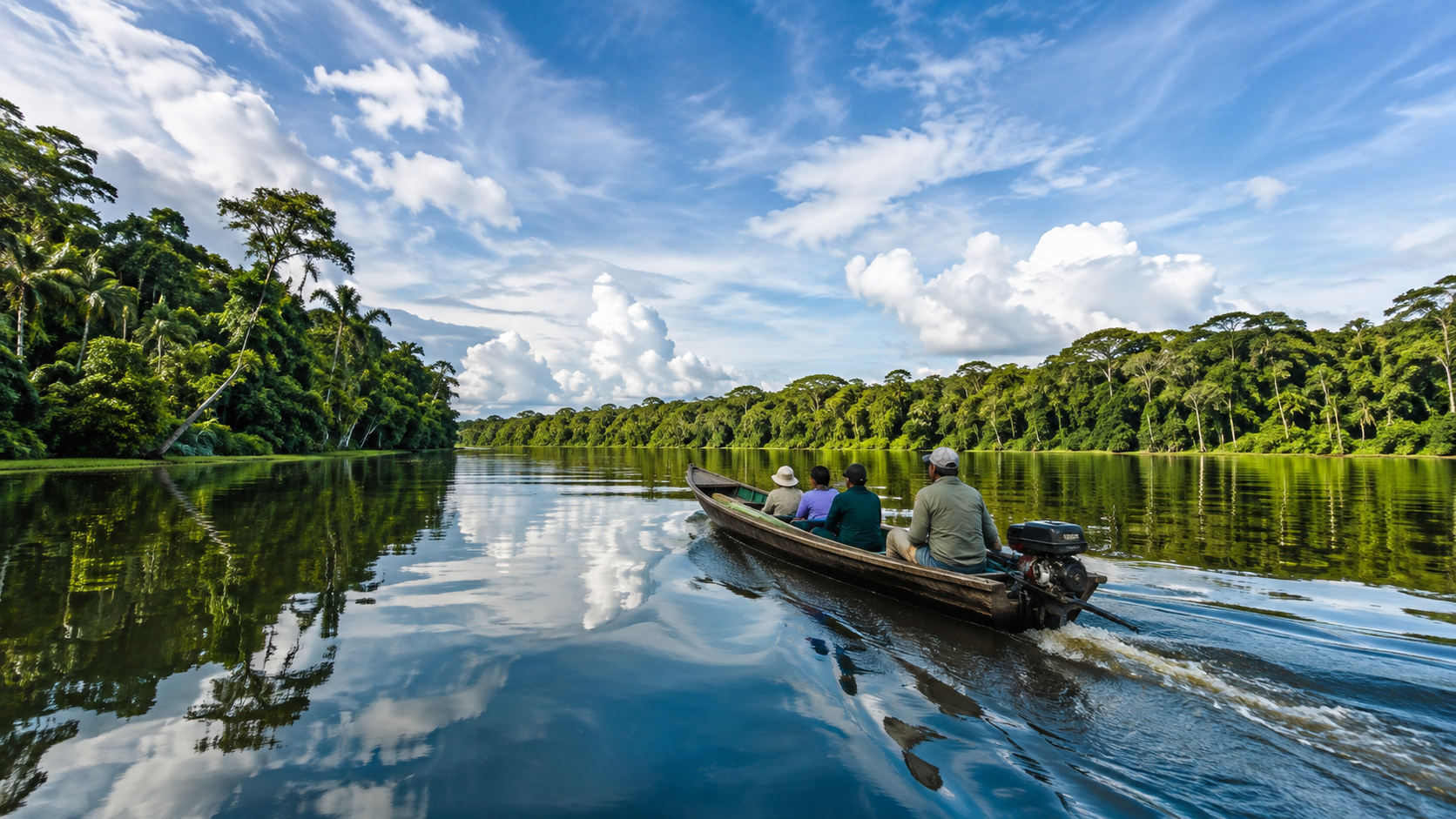Bote navegando por un río amplio de la Amazonía peruana
